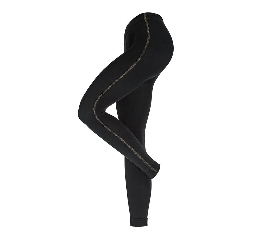 Legging thermique noir avec une bande scintillante sur le côté.
