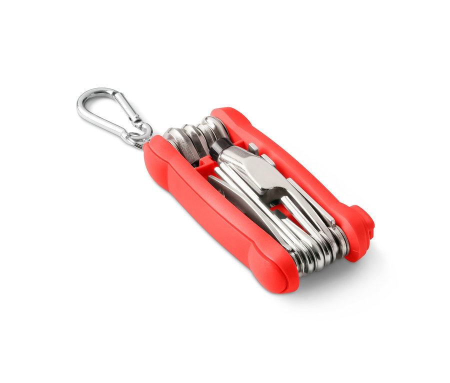 Un outil multifonction de vélo rouge avec un mousqueton.