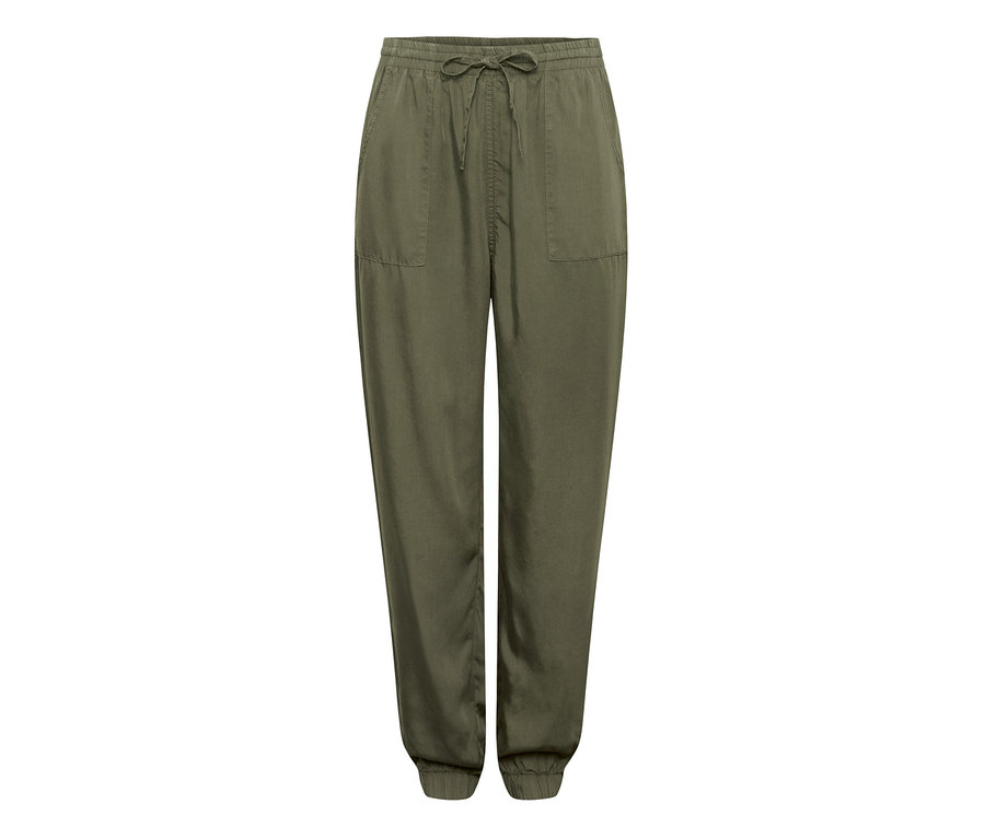 Pantalon cargo kaki avec cordon de serrage à la taille.