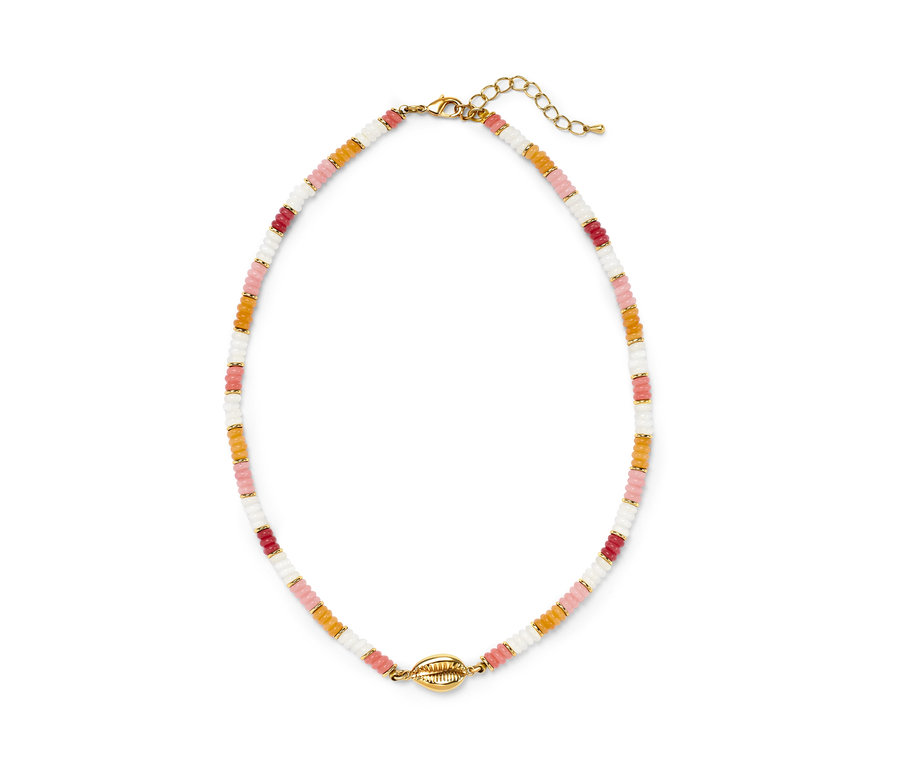 Collier « Beach » avec des perles colorées et un pendentif coquillage doré.