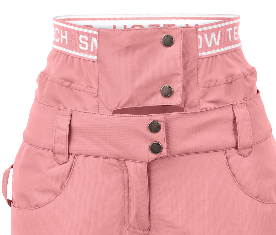 Pantalon de ski et de snowboard rose avec des boutons.