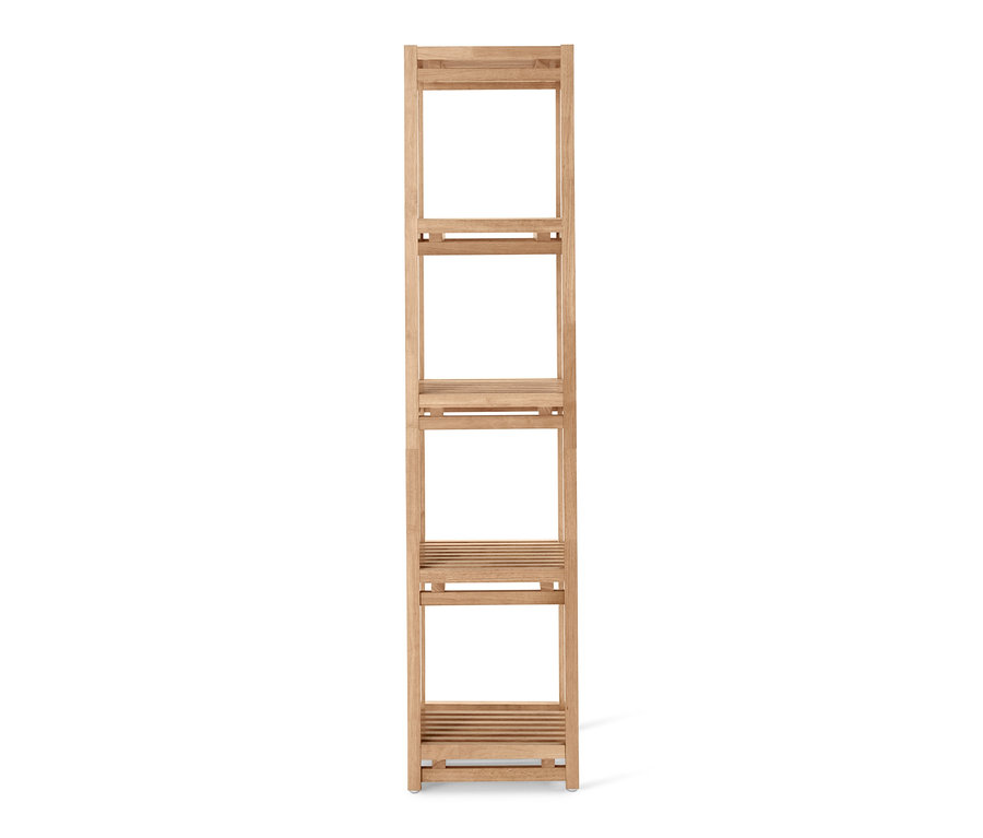 Étagère étroite avec quatre étagères en bois clair.