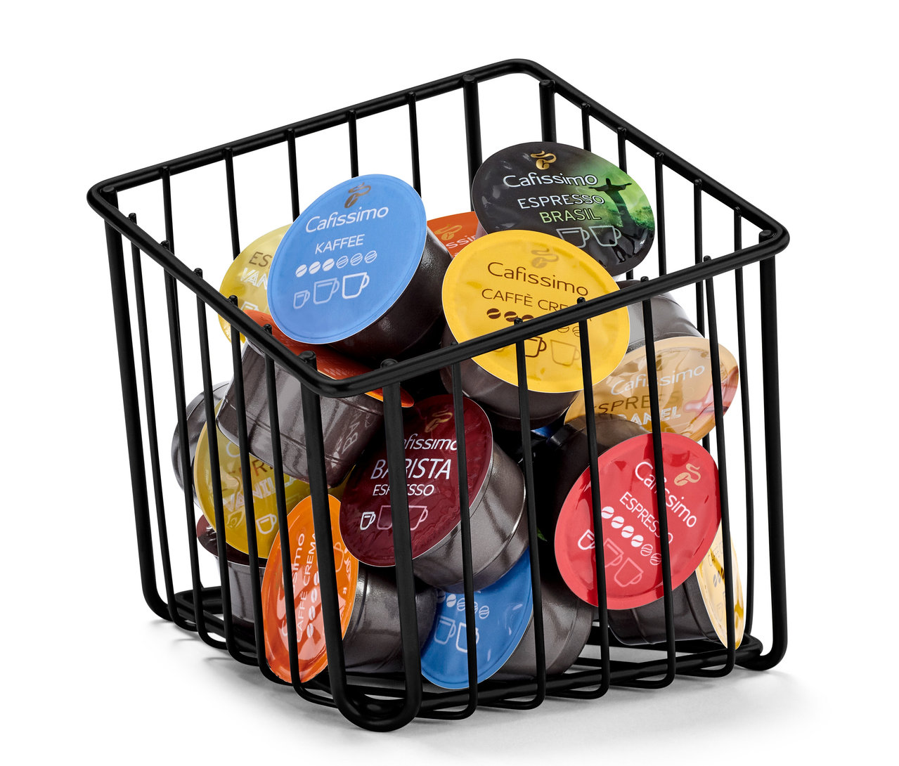 Un panier à capsules noir rempli de capsules de café de différentes couleurs. Le panier à capsules est noir.
