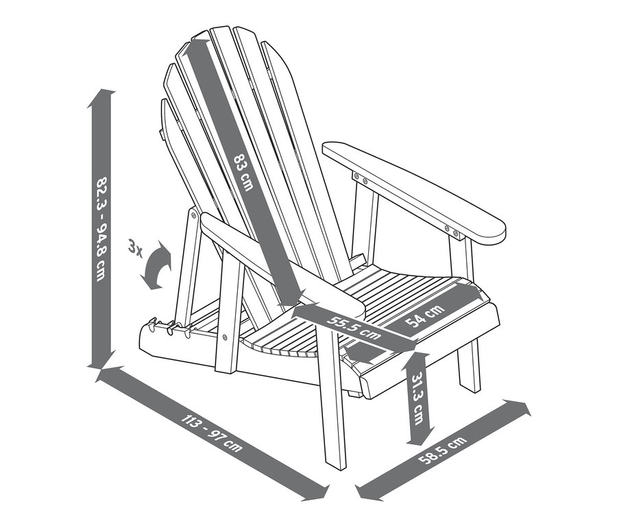 Schéma d'un fauteuil de relaxation Adirondack simple avec repose-pieds extensible et dimensions.