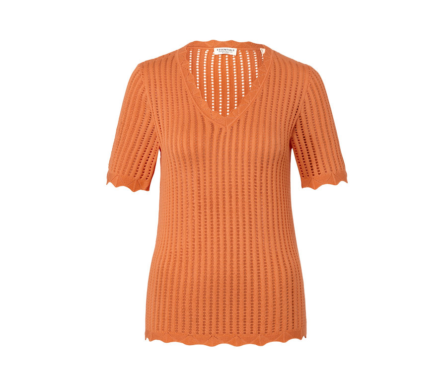 Chemise en tricot orange à manches courtes et encolure en V.