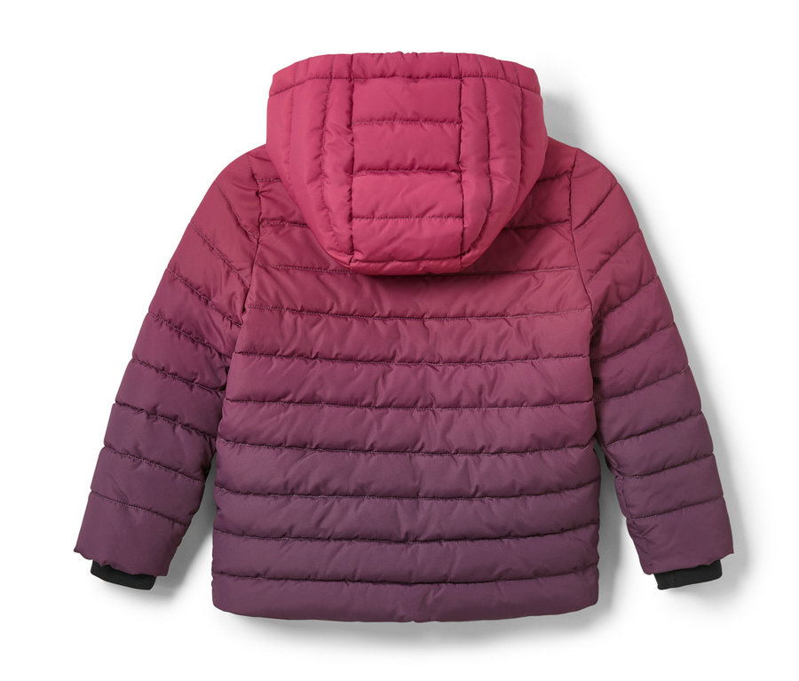 Vue arrière d'une veste matelassée pour enfant avec capuche, présentant un dégradé de couleurs allant du rose au violet.