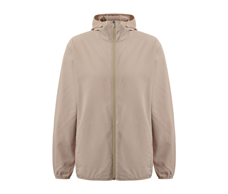 Veste fonctionnelle « pack me » beige avec capuche et fermeture éclair au centre.