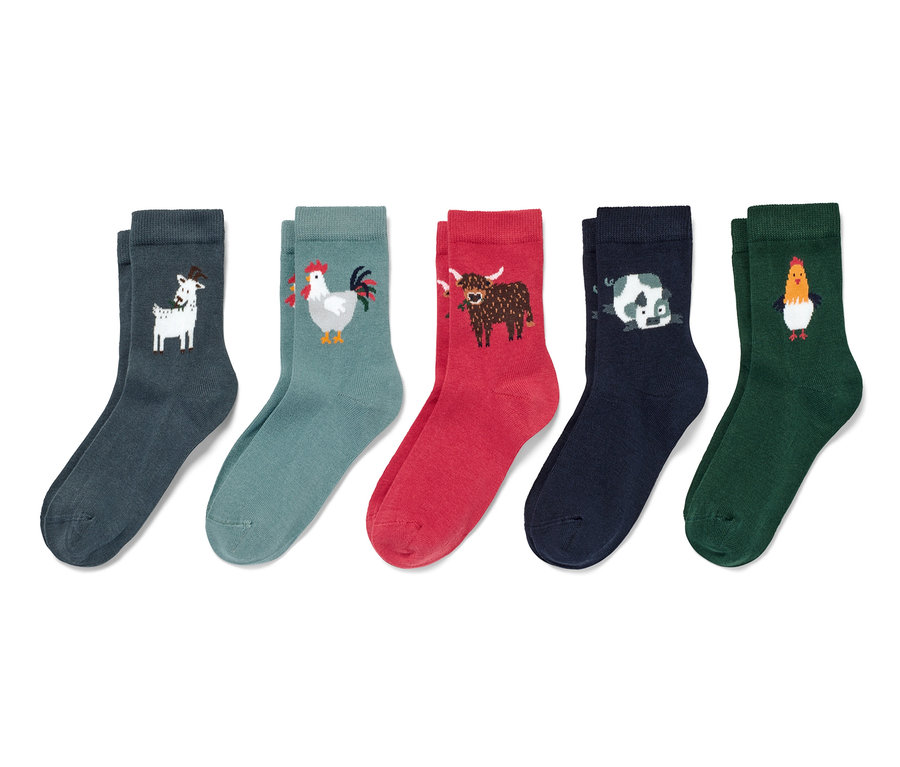 Cinq paires de chaussettes pour enfants avec des motifs d'animaux.