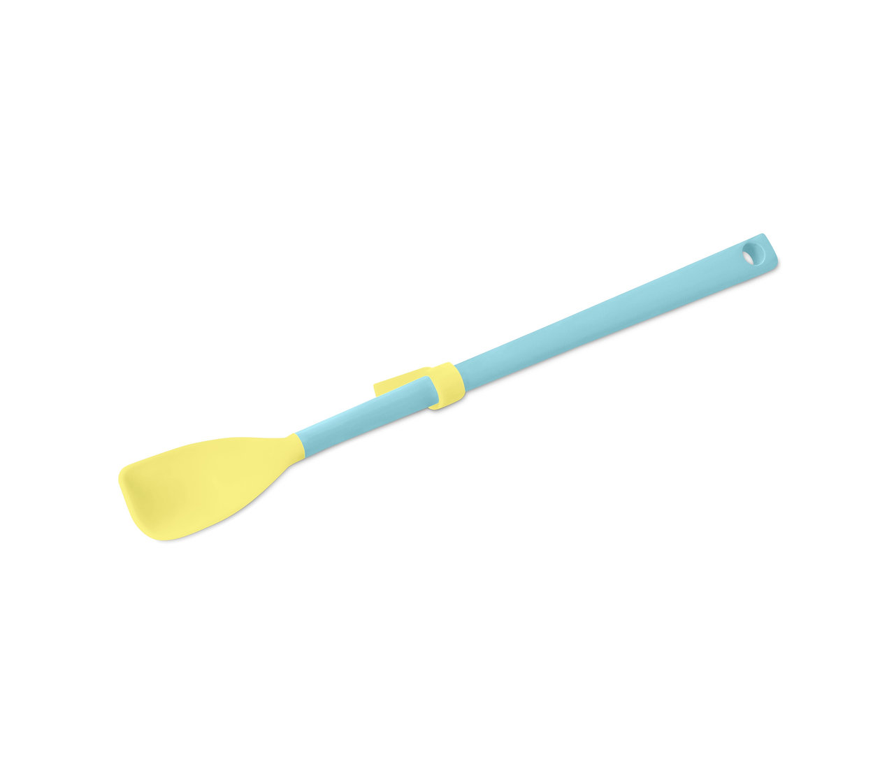 Une cuillère spéciale en silicone bleu clair avec une spatule jaune.