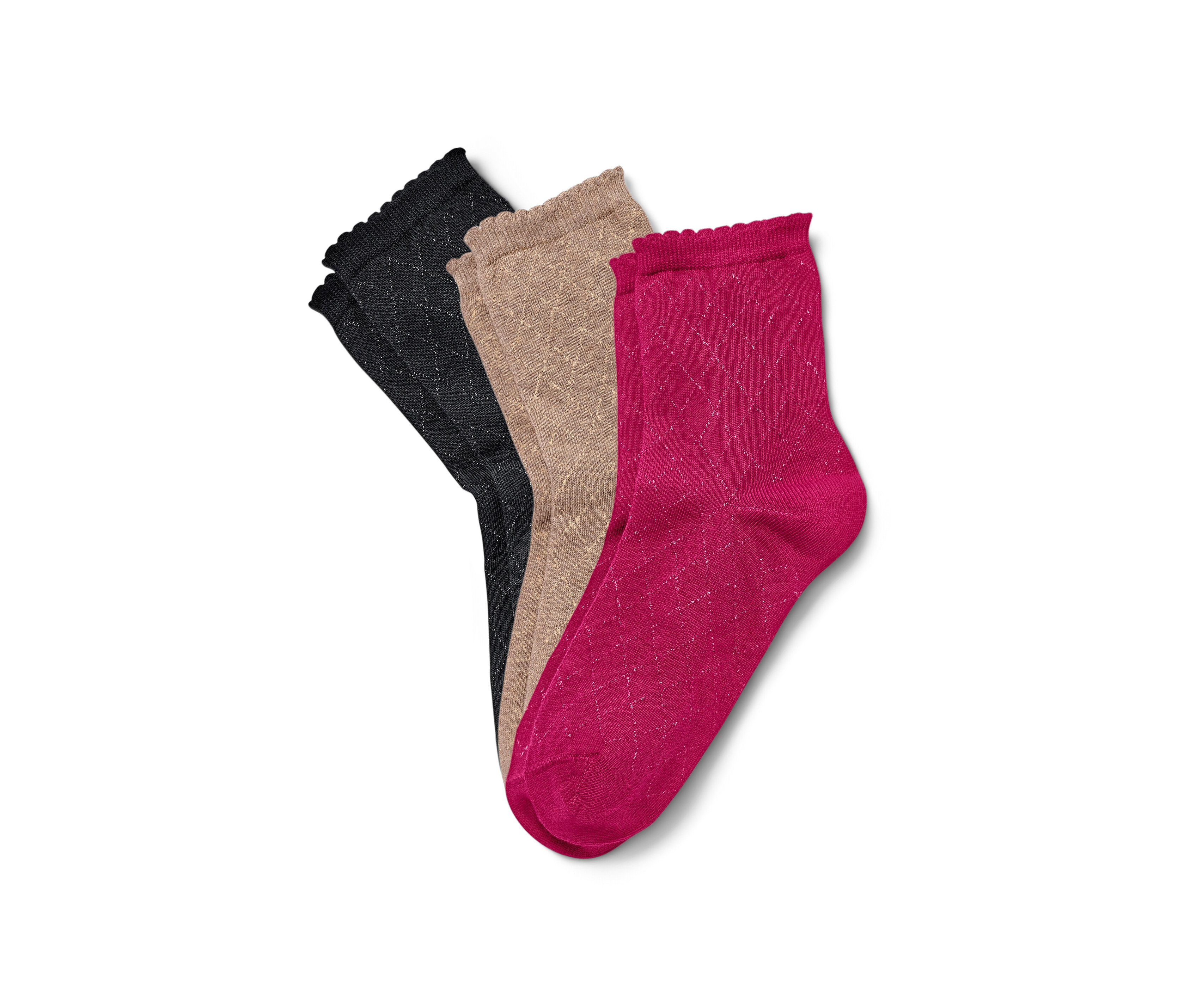 Trois paires de chaussettes avec fil scintillant en noir, marron clair et rouge framboise.