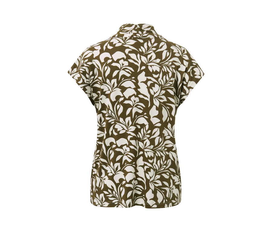 Vue arrière d'une blouse imprimée avec encolure en V et motif de feuilles.