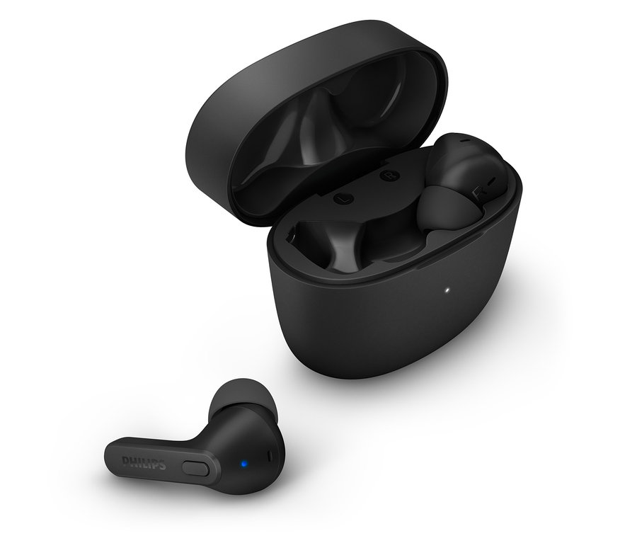 Écouteurs intra-auriculaires Philips TWS « TAT2206 » noirs avec étui de chargement.