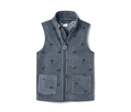 Gilet en polaire bleu pour tout-petits, imprimé d'escargots sur toute la longueur et fermeture éclair.