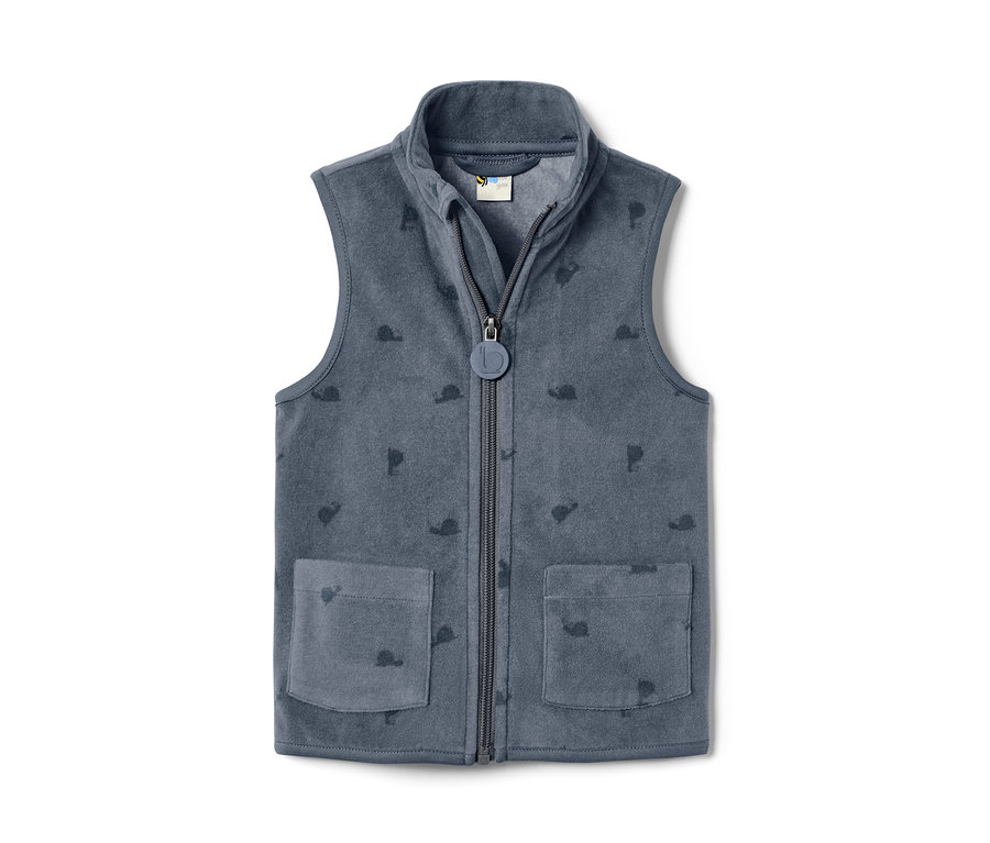 Gilet en polaire bleu pour tout-petits, imprimé d'escargots sur toute la longueur et fermeture éclair.
