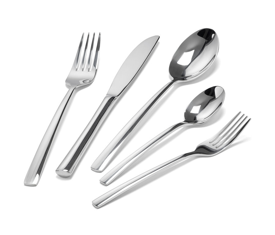 Ensemble de couverts, 20 pièces, couleur inox, avec deux fourchettes, un couteau et deux cuillères.