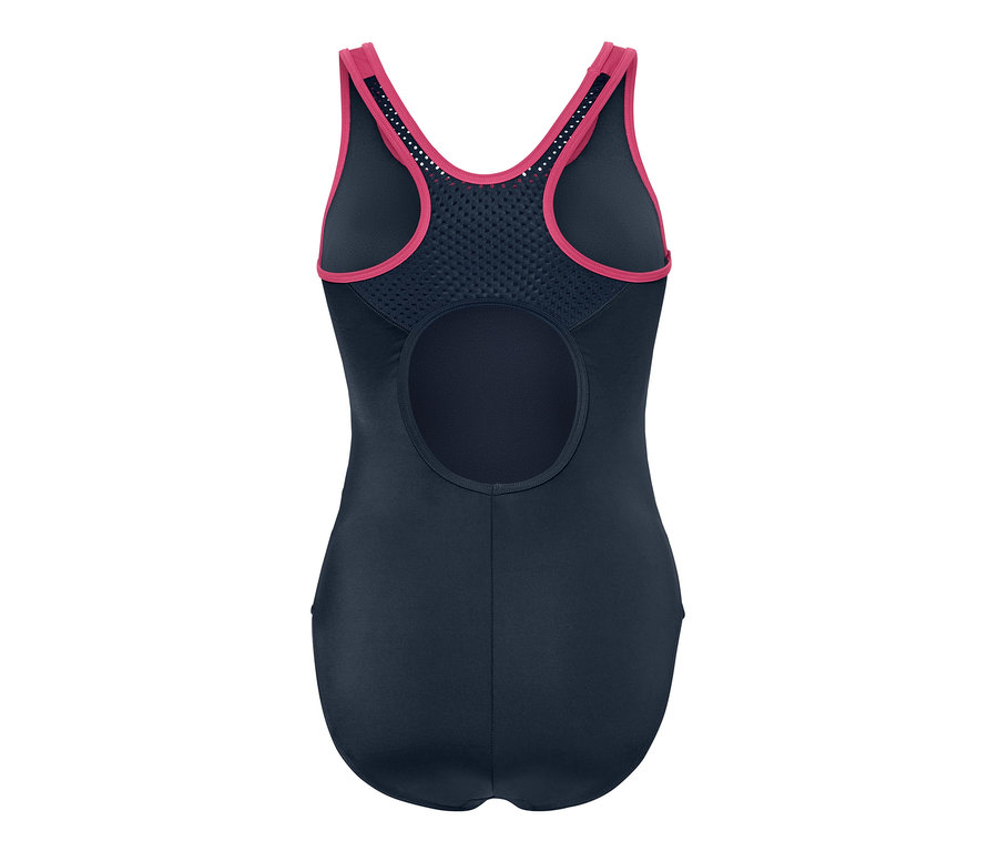 Gros plan de la vue arrière d'un maillot de bain de sport avec des accents roses.