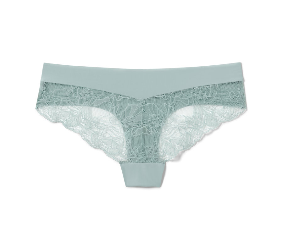 2 slips brésiliens Magic Cut turquoise avec détails en dentelle.