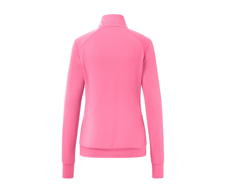 Détail du dos d'une veste technique rose vif.