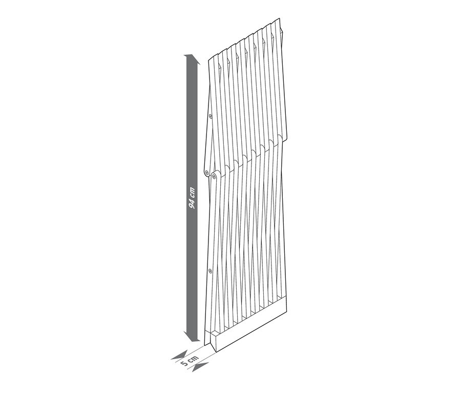 Illustration d'un tabouret repliable plié mesurant 94 cm de haut et 5 cm de large.