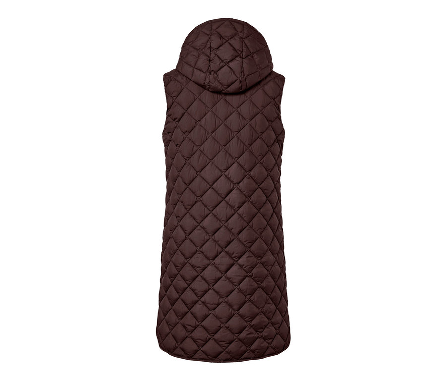Détail du dos d'un long gilet sans manches matelassé avec capuche.