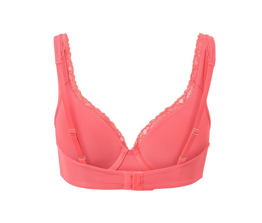 Vue arrière d'un soutien-gorge à armatures couleur papaye avec bordure en dentelle.