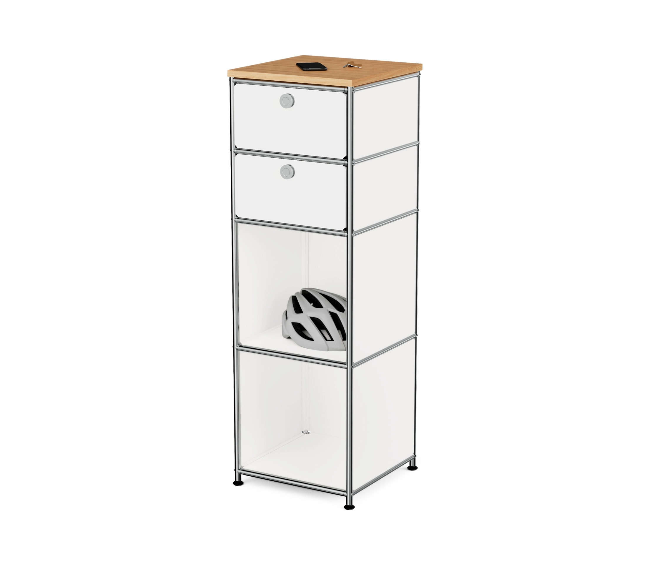 Commode étroite en métal blanc « CN3 » avec plateau en bois et 2 tiroirs. Un casque blanc est visible dans un compartiment ouvert.