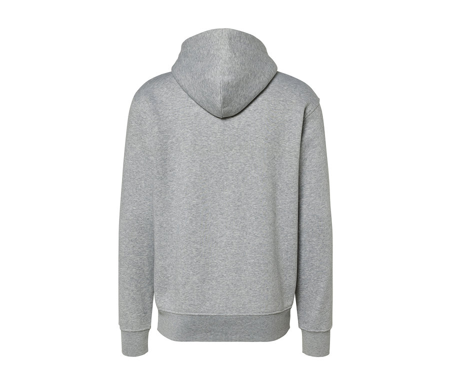 Vue arrière d'un sweat à capuche gris chiné.