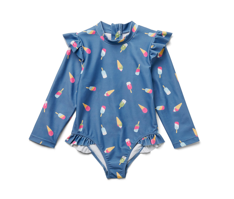 Maillot de bain bleu pour enfant, manches longues, motif de glaces, indice de protection UV 80.