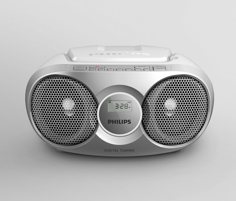 Boombox CD Philips « AZ215 », gris sur fond gris.