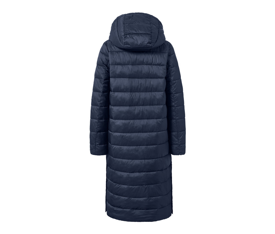 Manteau matelassé à capuche bleu foncé vu de dos.