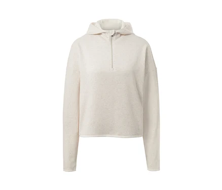 Pull molletonné beige avec capuche et fermeture éclair.