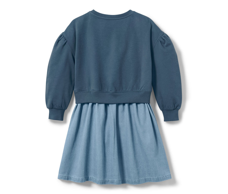 Robe en sweat bleue pour enfant avec manches longues.