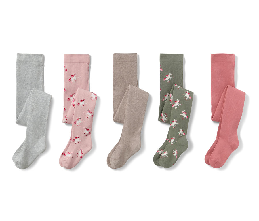 Cinq collants en coton avec motif de rhinocéros en gris, rose, beige, vert et rouge.