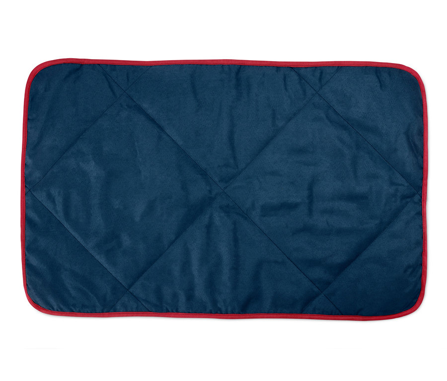 Couverture moelleuse pour chien bleue avec bordure rouge.