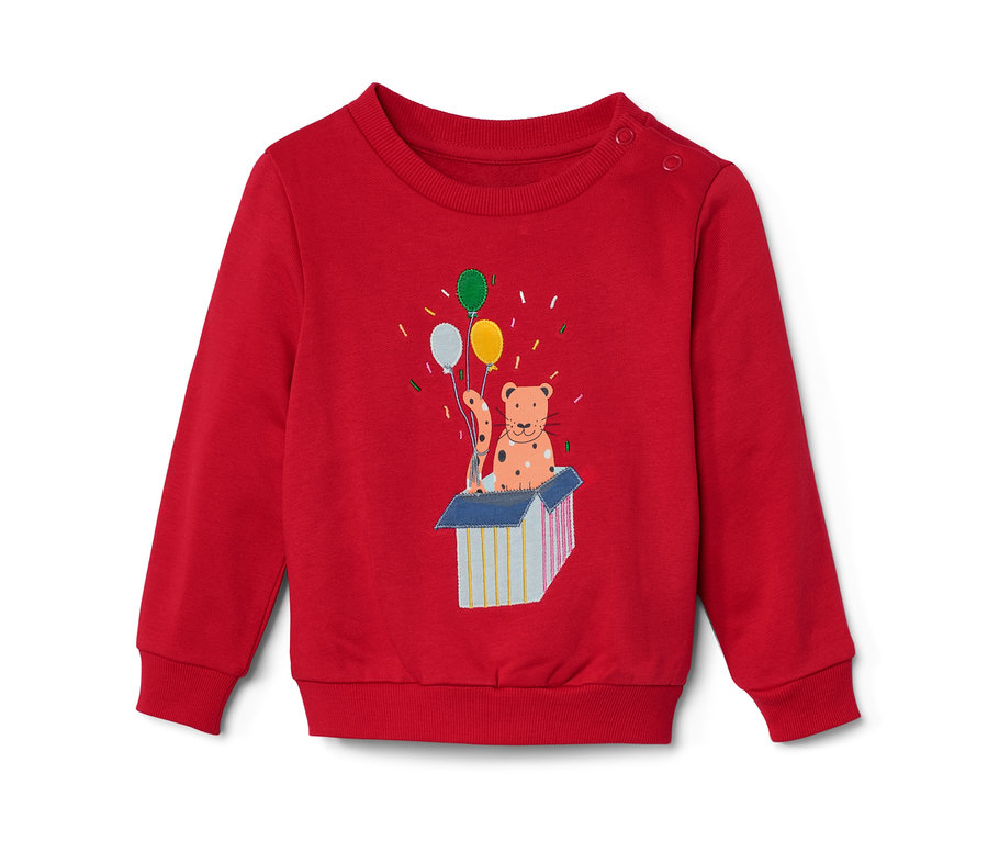 Sweat-shirt rouge pour enfant avec motif d'animal et de ballons.