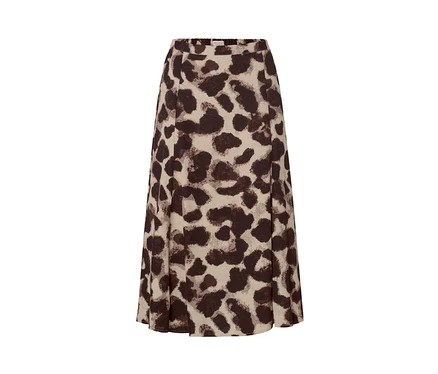 Jupe midi imprimée avec un motif animalier marron sur fond beige.