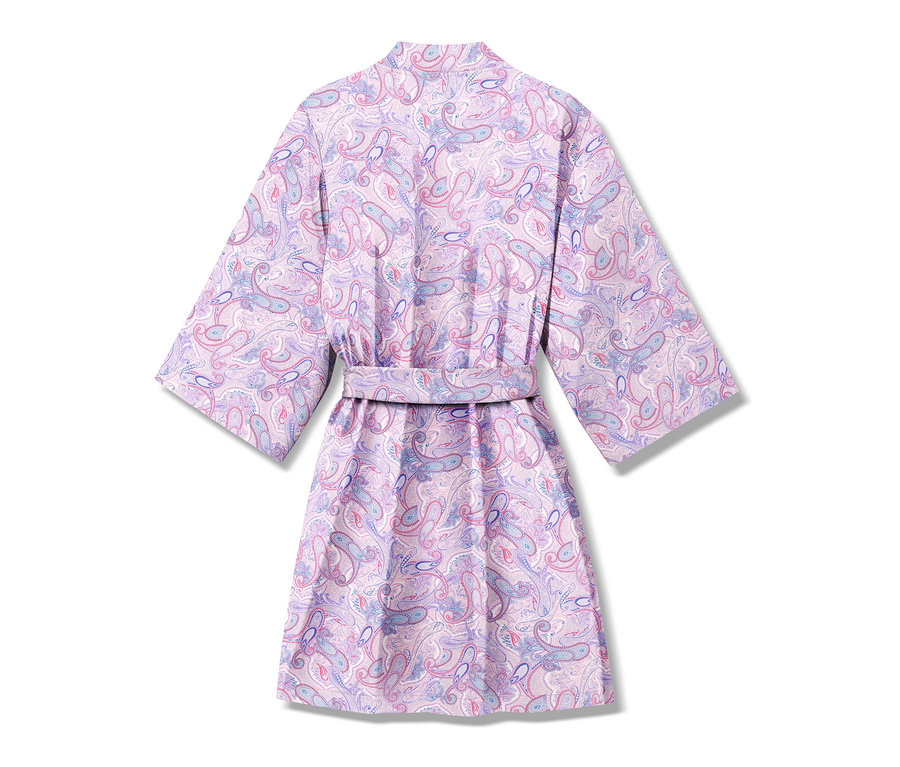 Robe de chambre lilas à motif cachemire.