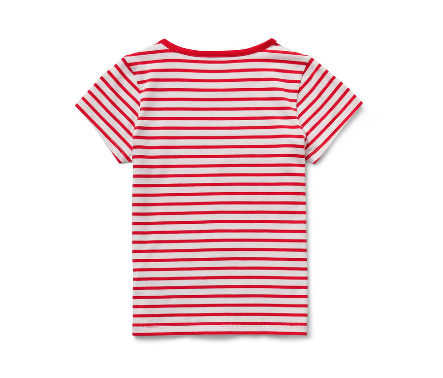 Vue arrière d'un t-shirt enfant rayé rouge et blanc. Il s'agit d'un t-shirt d'un lot de 2 t-shirts avec application.