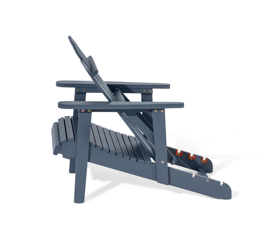 Vue latérale détaillée d'un fauteuil de relaxation Adirondack simple avec repose-pieds extensible en gris.