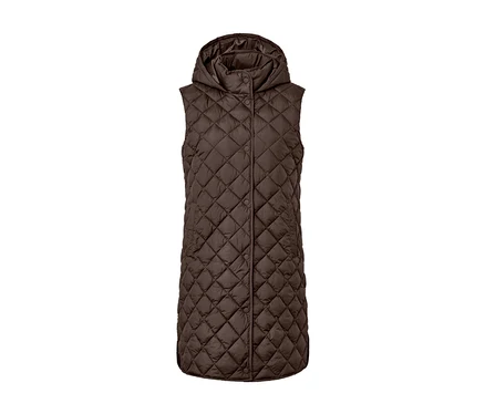 Long gilet matelassé marron avec capuche.
