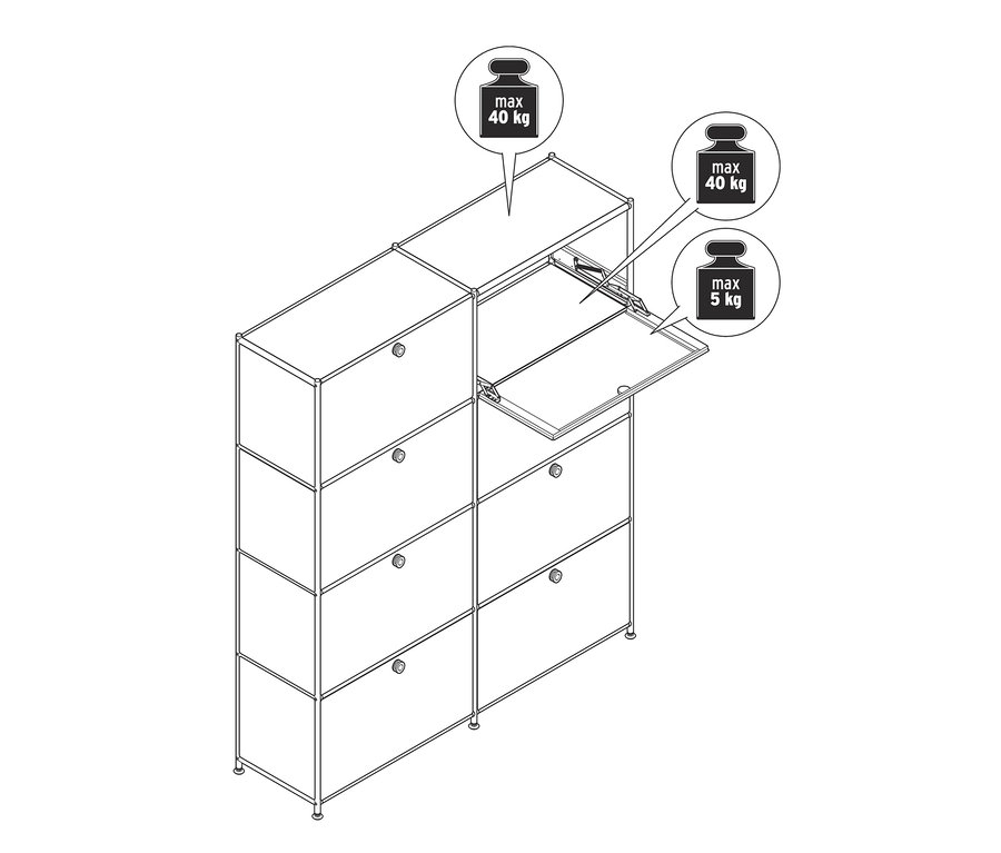 Dessin d'un buffet haut « CN3 » avec huit abattants, dont un est ouvert.