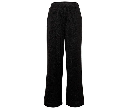 Un pantalon noir scintillant évasé sur fond blanc.