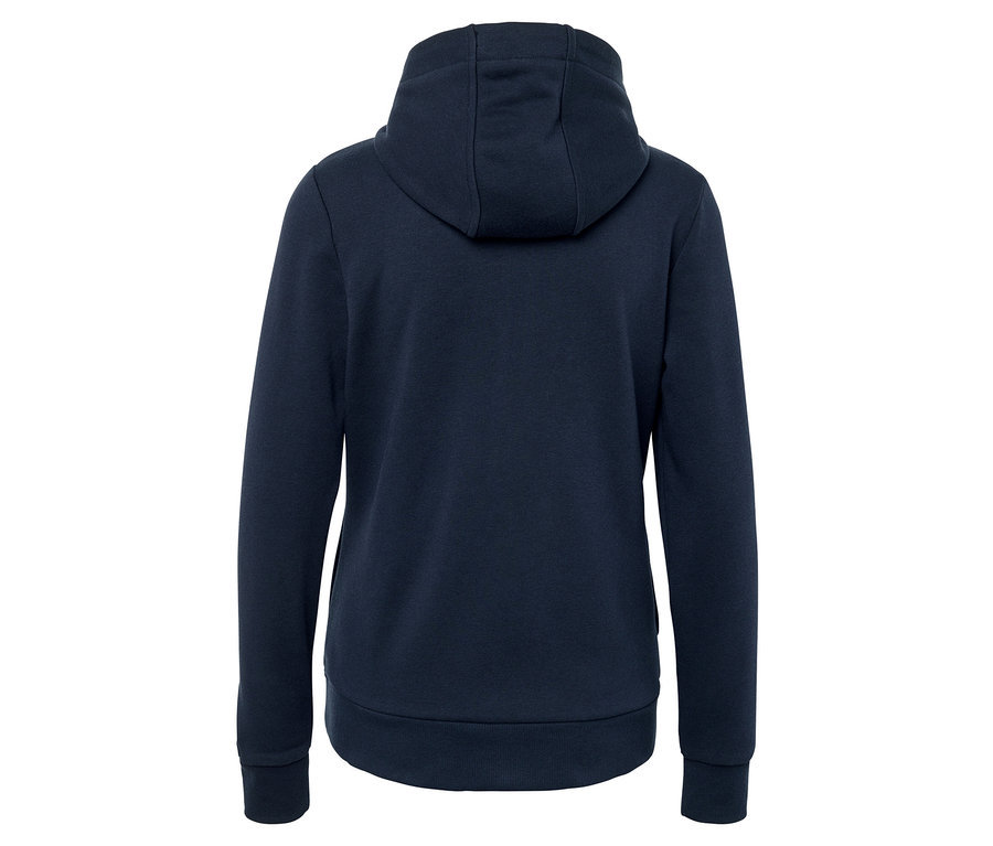 Un sweat à capuche bleu marine, vu de dos.