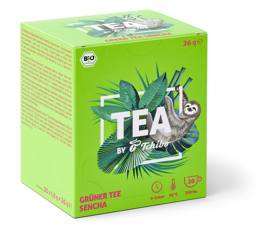 Paquet de thé vert BIO TEA by Tchibo Sencha avec illustration de paresseux.