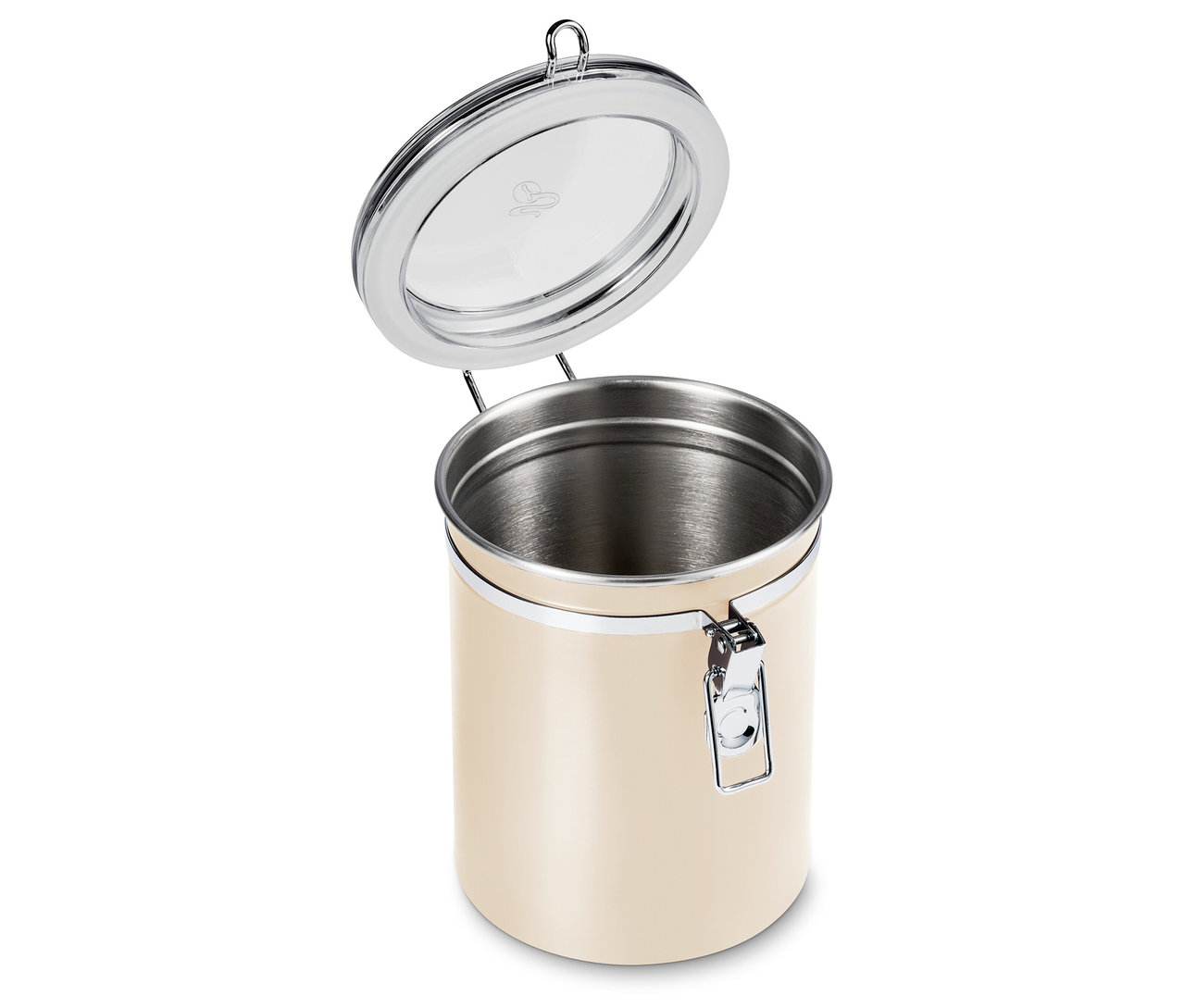 Boîte à arômes beige tendre ouverte avec couvercle et fermeture argentés.