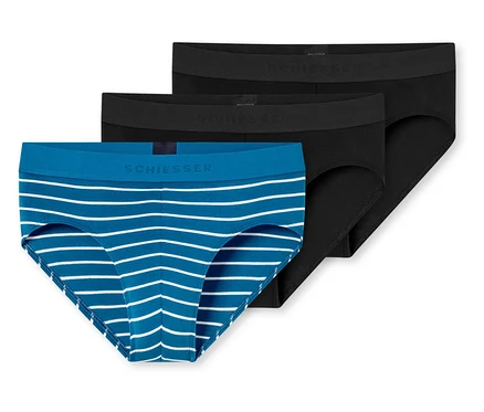 Trois slips SCHIESSER Rio, un rayé bleu et blanc, deux noirs.