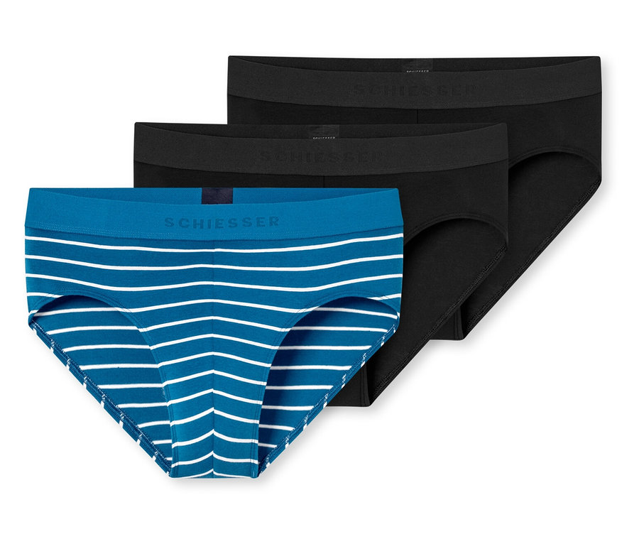 Trois slips SCHIESSER Rio, un rayé bleu et blanc, deux noirs.