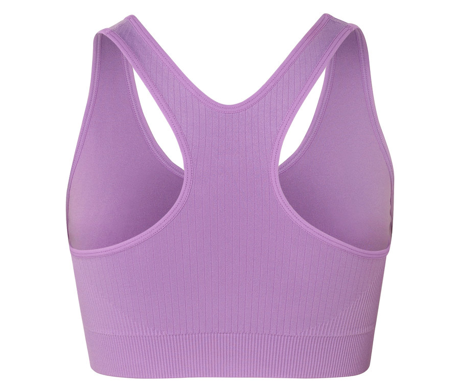 Vue arrière d'une brassière de sport violette de style dos nageur.