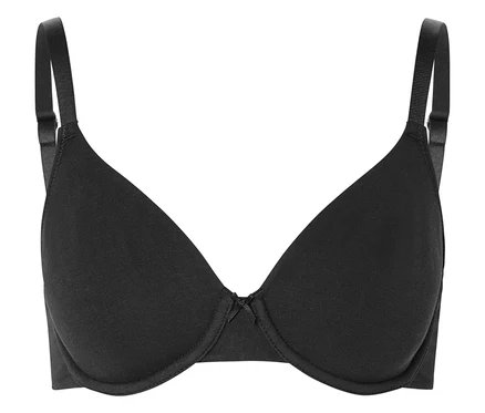 Soutien-gorge à armatures noir avec bretelles réglables et petit détail décoratif au centre.