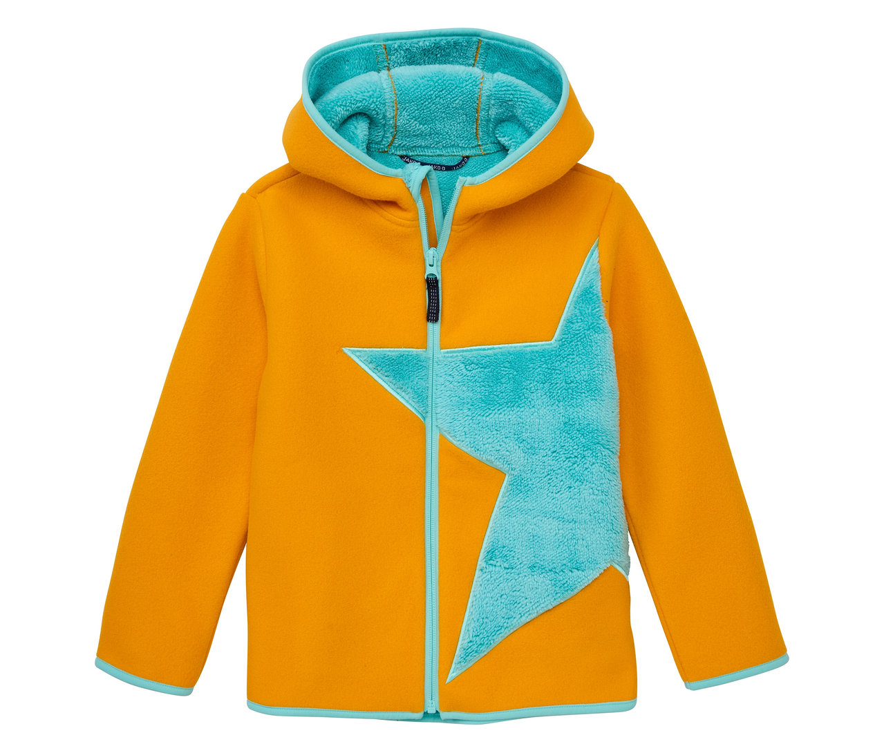 La veste polaire douillette JAKO-O, safran est une veste polaire à capuche avec une étoile bleu clair sur le devant.